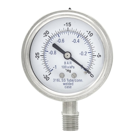 Pic Gauges 2 1/2 in Dial, 1/4 in NPT Male Lower Location, Stainless Steel Case Material PRO-301D-254A-01